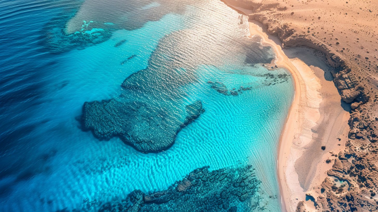Rotes Meer Ägypten aus der Luft – türkisfarbene Lagune mit Korallenriff